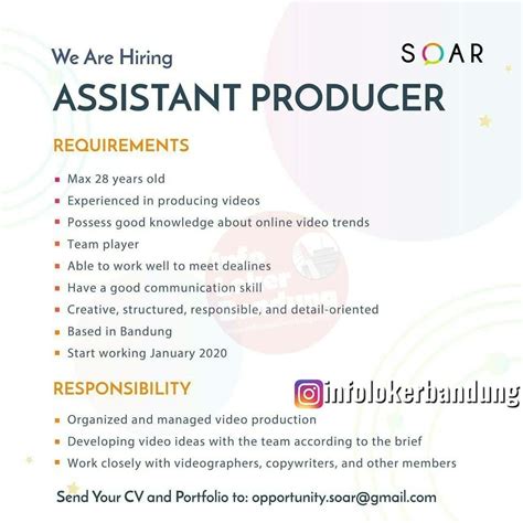 Yang ditampilkan di sini adalah iklan lowongan yang sesuai dengan kueri anda. Lowongan Kerja Asistant Producer & Copy Writer Soar.id ...