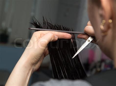 Maybe you would like to learn more about one of these? Women's haircut scissors at salon | Stock image | Colourbox