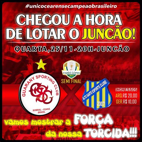 O jogo do ceará hoje será transmitido ao vivo, e você assiste logo após clicar no player abaixo. HOJE TEM JOGO DO GUARANY DE SOBRAL X ALTO SANTO ~ SOBRAL ...