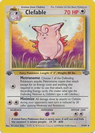 This is a cool card, thanks in part to its holographic appearance, which increases the value—up to around $12,000. Clefable - 17/64 - Rare 1st Edition - Jungle 1st Edition Singles - Pokemon