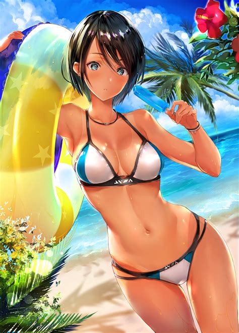 Share the best gifs now >>>. Wallpaper : anime girls, beach, flower, palm trees, sea ...