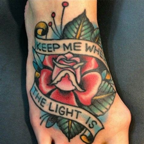 13 roses tattoo is located in atlanta, ga. "Keep Me Where The Light Is" Rose banner foot tattoo ...