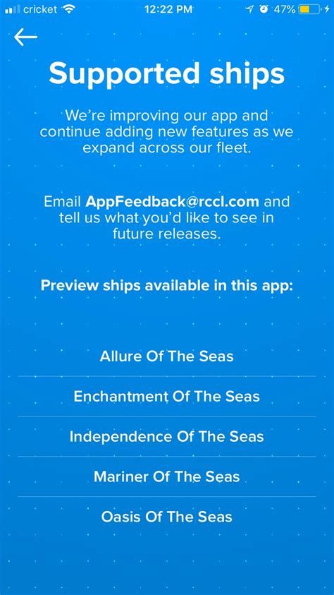 Email appfeedback@rccl.com and tell us what you'd like to see in future releases. Smart phone app | Royal Caribbean Blog