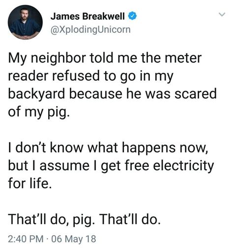 I've never been good with farewells so. That'll do Pig, that'll do. James Breakwell Xploding Unicorn | Funny picture quotes, Seriously ...