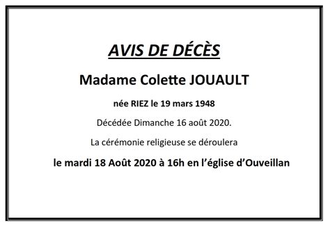 Avis de décès : Mairie d'Ouveillan