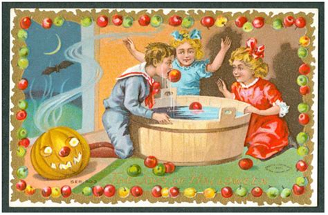 This favorite party game of yesteryear gets a make over… for birthdays so bring on. bobbing for apples | Vintage halloween cards, Vintage ...