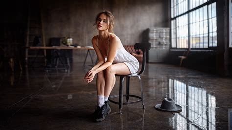 For many people this looks attractive when a woman is sitting. Wallpaper : women, brunette, slip, chair, socks, legs crossed, bent over, cleavage, hat, tanned ...