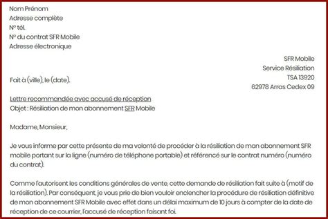 Madame, monsieur, par la présente je vous informe de ma volonté de résilier mon abonnement sfr. Lettre de résiliation à SFR mobile pour rompre son contrat