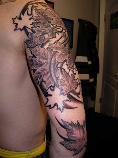 A maple leaf tattoo might serve as an emblem to express pride of being a canadian, as the maple leaf is one of the most popular symbols of canada. Maple leaves sleeve tattoo