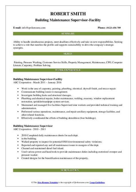 Jobseekers may download and use this example for their own personal use to help. Building Maintenance Supervisor Resume Samples | QwikResume