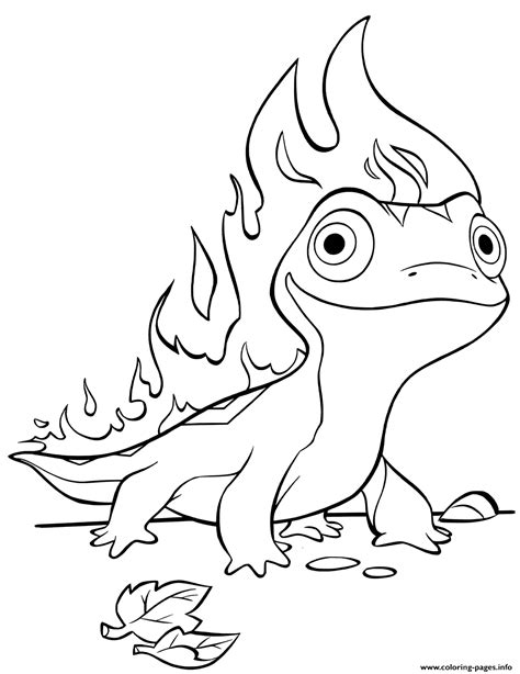 In frozen 2 by disney anna and elsa must head on a dangerous mission with kristoff olaf and sven to the enchanted forest. Frozen 2 Fire Salamander Bruni Coloring Pages Printable