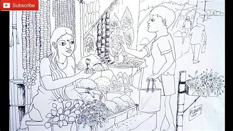 Market drawing step by step/elementary drawing of market. scenery drawing of Flower seller, simple market drawing,Drawing of flower seller marketplace ...