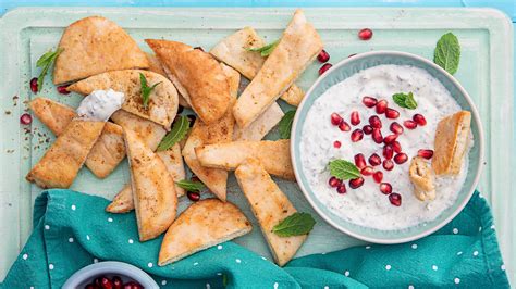 Try them stuffed with souvlaki or dipped into hummus. Roasted Pitta Bread Chips with Minted Greek Yogurt Dip and Pomegranate Sprinkles - SuperValu