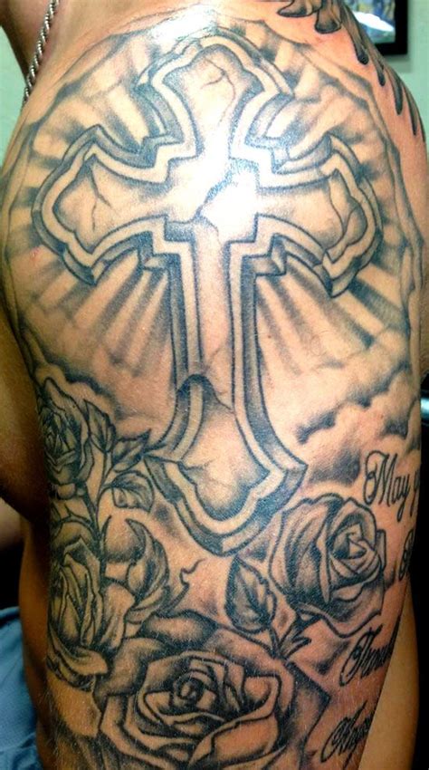 #rose tattoo #flower tattoo #arm tattoo #black and grey tattoo. Stone Cross With Roses Clouds and Rays - Pittsburgh Tattoo ...