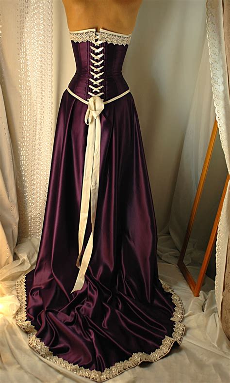 Black and purple wedding dress, gothic wedding dress, trumpet. Cadbury Purple and antiqued ivory steel boned corset gown