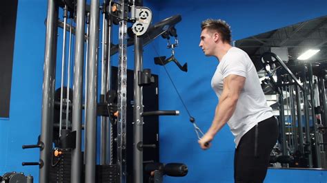 Begin the standing kickback extension in a split stance with one foot in front of the other. Standing Cable Tricep Extension On short straight Bar ...