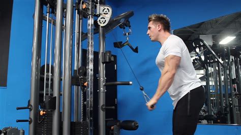 Begin the standing kickback extension in a split stance with one foot in front of the other. Standing Cable Tricep Extension On short straight Bar ...