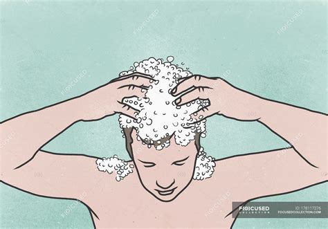 Shampooing the day after you dye your hair. Illustration of man washing his hair against colored ...