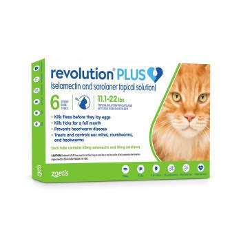 Revolution plus is a easy to use monthly topical solution that protects cats and kittens eight weeks of age and weighing 2.8 pounds or greater against fleas, ticks, ear mites, roundworms, hookworms and heartworms. RXV ZOETIS REVOLUTION PLUS FOR CATS 11.1-22LB, GREEN LABEL ...