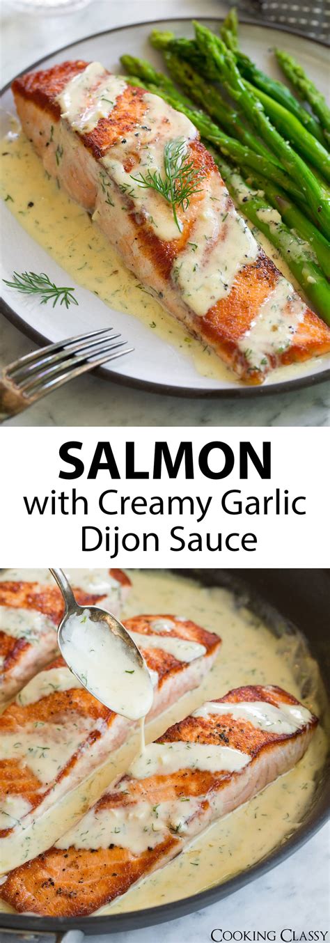 A combination that's perfect for salmon. Salmon (with Creamy Garlic Dijon Sauce) - Cooking Classy