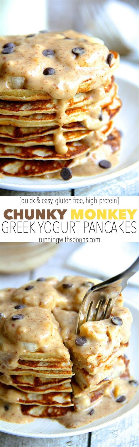 See more ideas about cooking recipes, recipes, food. Chunky Monkey Greek Yogurt Pancakes | running with spoons