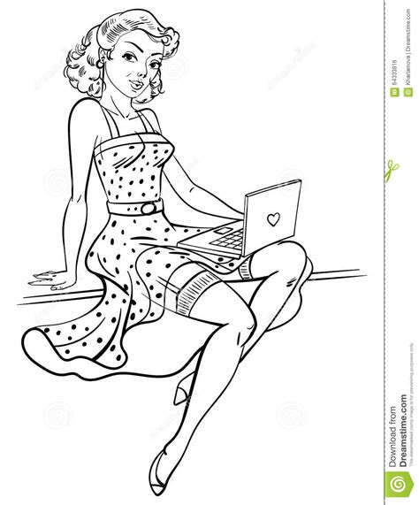 Retro woman drink summer cocktail. Burlesque Pin Up Girl Pages Coloring Pages