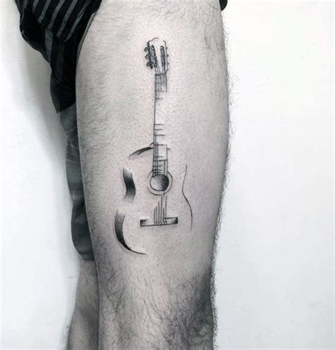 Small music tattoos for guys. Cool Sketched Simple Music Guitar Thigh Tattoos For Men ...