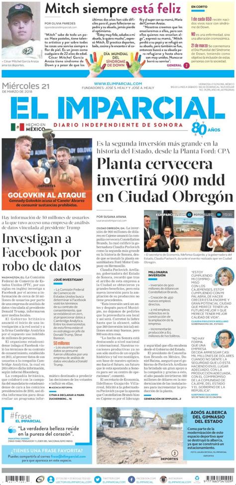 El imparcial, diario independiente de sonora, se publicó por primera vez el 1o. Periódico El Imparcial (México). Periódicos de México ...