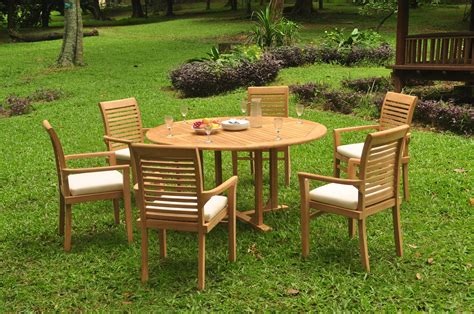 Amazonia teak coventry dining arm chair (4 piece set). A-Grade Teak 7pc Dining 60" Round Table 6 Mas Stacking Arm ...