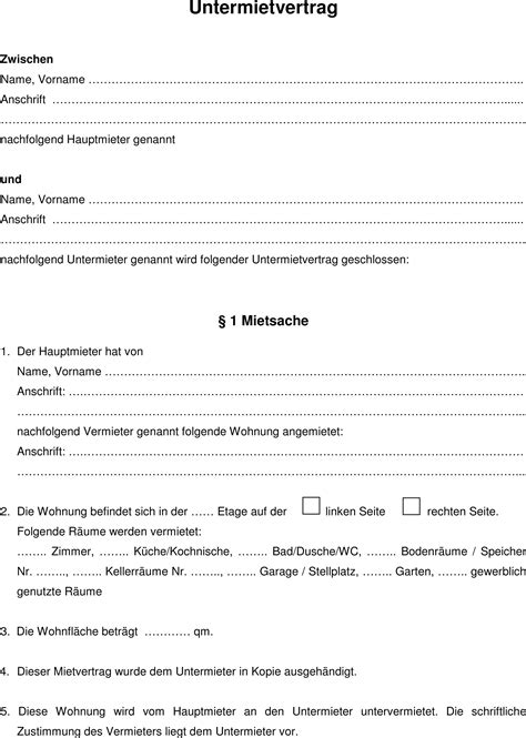 Die vereinbarungen zwischen mieter und vermieter werden in deutschland in einem mietvertrag festgehalten. Untermietvertrag Vorlage - Download kostenlos