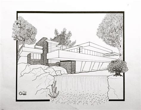 In advance of moma's new exhibition frank lloyd wright at 150: A drawing of Frank Lloyd Wright's "Fallingwater." 14" x 17 ...