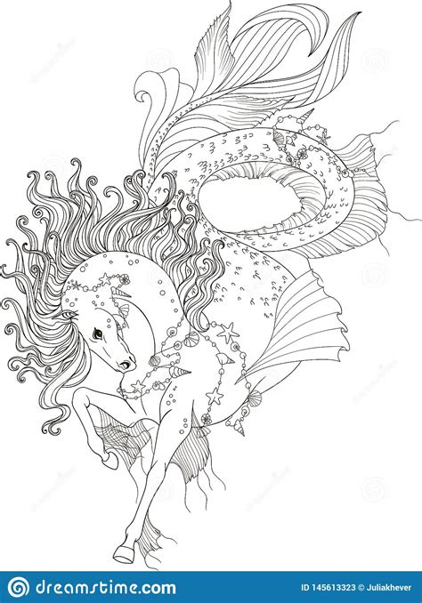 Black and white hand drawn doodle for coloring book. Stylized Illustration Of Sea Horse With Flying Mane For ...