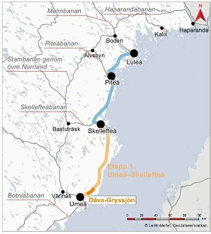 Sträckorna mellan umeå och skellefteå och mellan skellefteå och luleå är ungefär lika långa, runt 13 mil. Planläggningbeskrivning Dåva - Gryssjön - Trafikverket