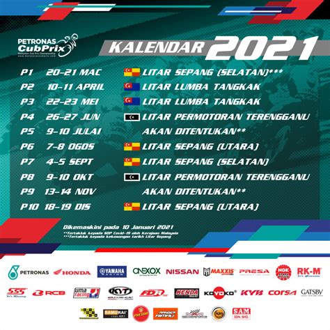 The official facebook page of the petronas malaysian musim 2021 kejuaraan cub prix malaysia petronas akan kembali menyajikan 10 pusingan perlumbaan, berdasarkan jadual perlumbaan. 10 PUSINGAN UNTUK MUSIM 2021 KEJUARAAN CUB PRIX MALAYSIA ...