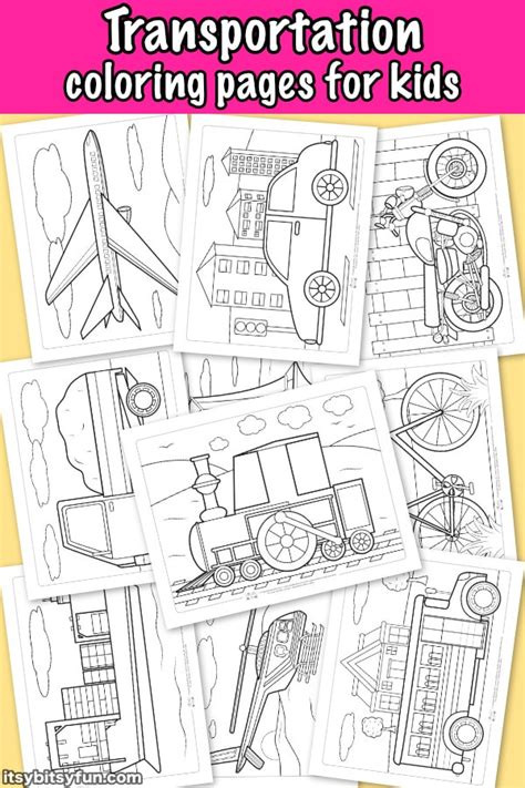 Each coloring page has several pictures of items that are typically one color. Transportation Coloring Pages for Kids - Itsy Bitsy Fun