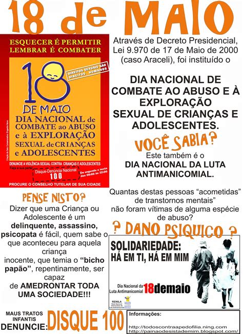 Nesse 18 de maio se comera o 16º ano de mobilização no dia nacional de combate ao abuso e à exploração sexual de crianças e adolescentes, instituído pela lei federal 9.970/00. PAI NÃO DESISTA DE MIM: Faça Bonito