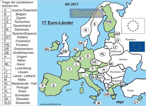 (karte zum drucken anzeigen) findest du alle europäischen länder? 17 Euro-Länder in Europa Arbeitsblatt und Lösungsfolie