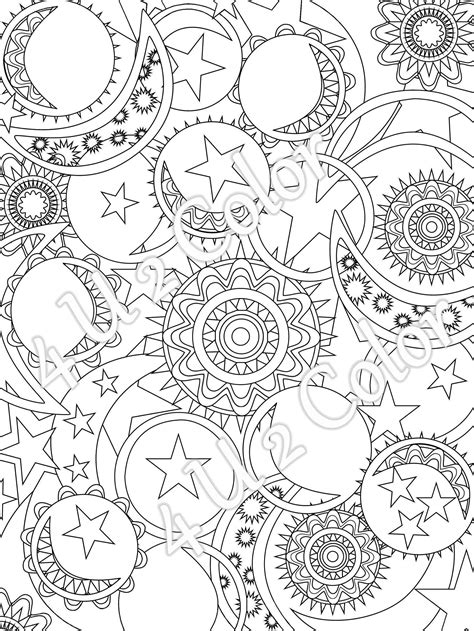 The coloring sheet shows four panels, each with a different configuration of the sun, moon, and stars. Sun Moon Stars 1 coloring page sun moon & stars | Star ...