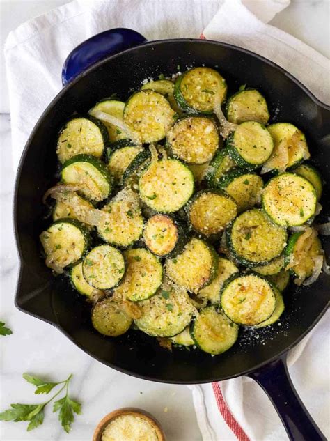 Skewered zucchini and yellow squash. Easy Sauteed Zucchini Parmesan recipe. Add garlic, onions ...