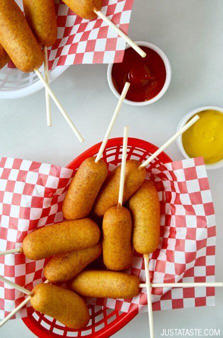 Whisk together cornmeal, flour, sugar, cornstarch, baking powder, salt, buttermilk, and egg in a medium bowl until smooth. Easy Homemade Mini Corn Dogs recipe via justataste.com ...