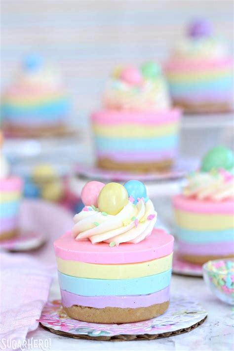 Hunting for plastic eggs isn't just for kids! Easter No-Bake Mini Cheesecakes - SugarHero