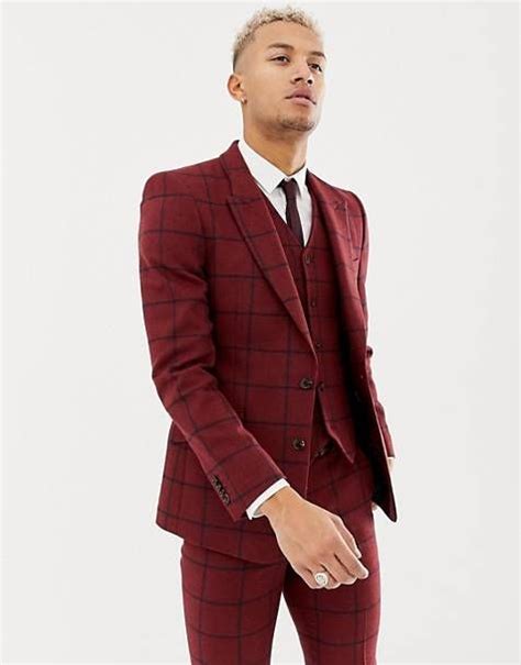 For the ultimate in sartorial elegance, choose a 3 piece suit which includes a flattering waistcoat. ASOS DESIGN skinny suit jacket in burgundy wool mix check ...