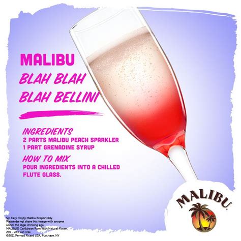 Malibu made with caribbean rum, tequila, and coconut liqueur. This fun summer cocktail made with Malibu Peach Sparkler and grenadine is the perfect brunch ...