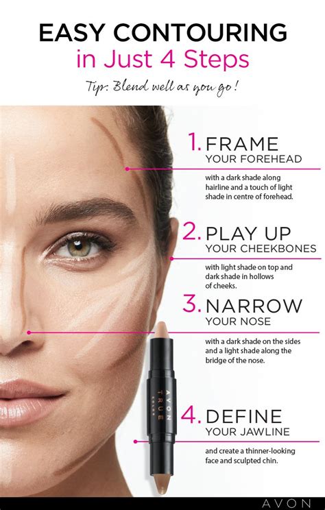 Use a thin brush to apply a thin line of contour to either side of your nose bridge, next to the highlighter, leaving a slim gap for blending. Master easy contouring using the Avon True Color Transforming Contour Sticks | Contour makeup ...