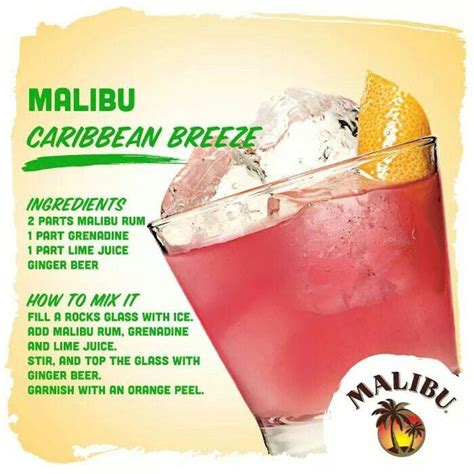 There are pleny of delicious drinks to make with malibu rum. Malibu Caribbean Breeze (Malibu rum, grenadine, lime juice ...