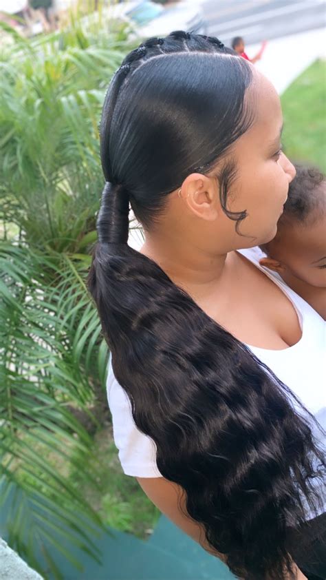 This is usually done as part of a hairstyle such as pigtails, bunches, or ponytails for straight, wavy. Middle part ponytail. Black hairstyles. Ponytail with ...