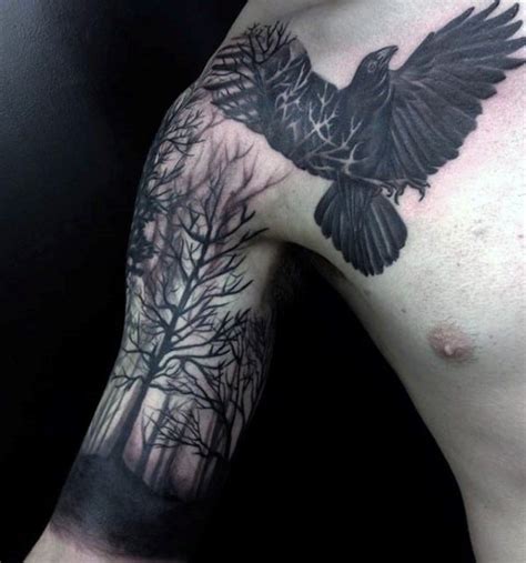 Forest tree and moon behind the tree tattoo on forearm. 100 Forest Tattoo Designs For Men - Masculine Tree Ink Ideas