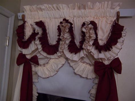 See more ideas about ruffle curtains, curtains, diy curtains. dark red and cream double ruffle country curtains handmade ...