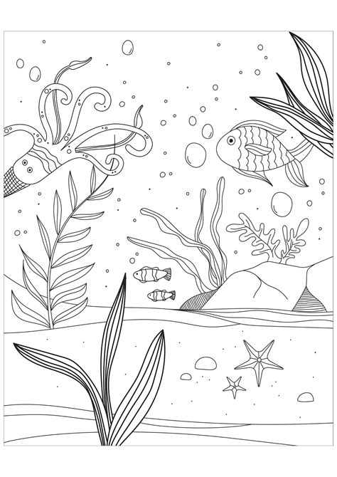 Download or print this coloring page in one click: Fishes into the sea - Water worlds Adult Coloring Pages