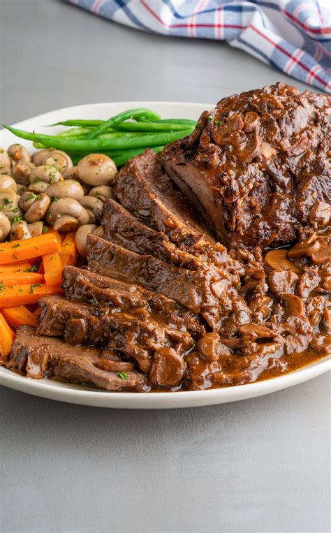 Season with salt and pepper, then add garlic, worcestershire sauce, thyme, tomato paste and beef broth. BEEF POT ROAST WITH MUSHROOMS - Simpol